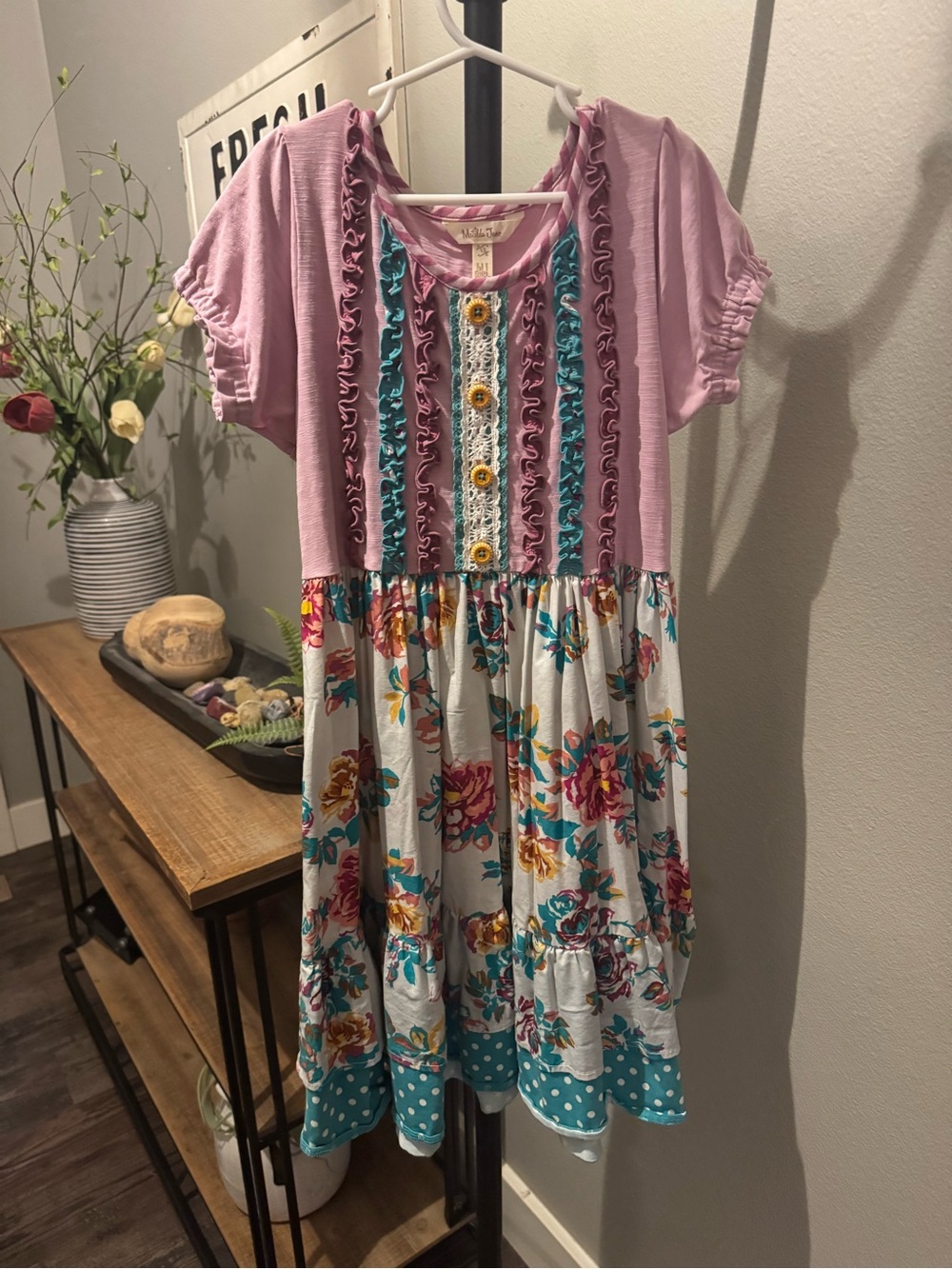 Matilda Jane Pink Ruffle & Floral Tiered Dress with Teal Polka-Dot Hem